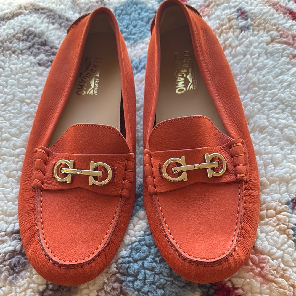 Ferragamo Orange Loafers with Gold Buckle
